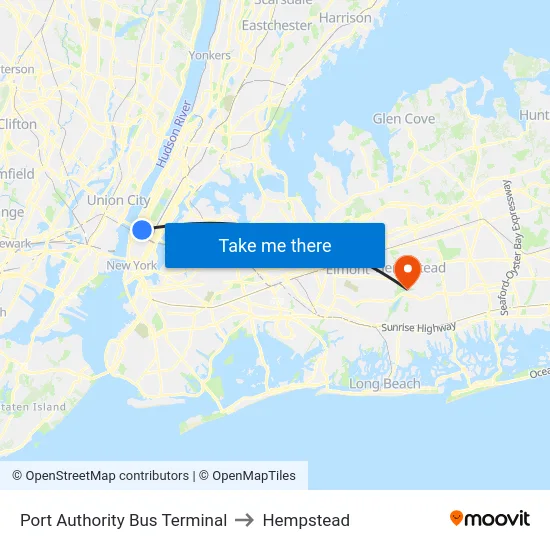 Port Authority Bus Terminal to Hempstead map