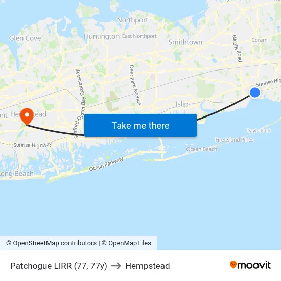 Patchogue LIRR (77, 77y) to Hempstead map