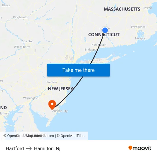 Hartford to Hamilton, Nj map