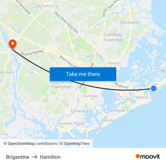 Brigantine to Hamilton map