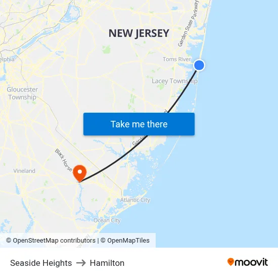 Seaside Heights to Hamilton map