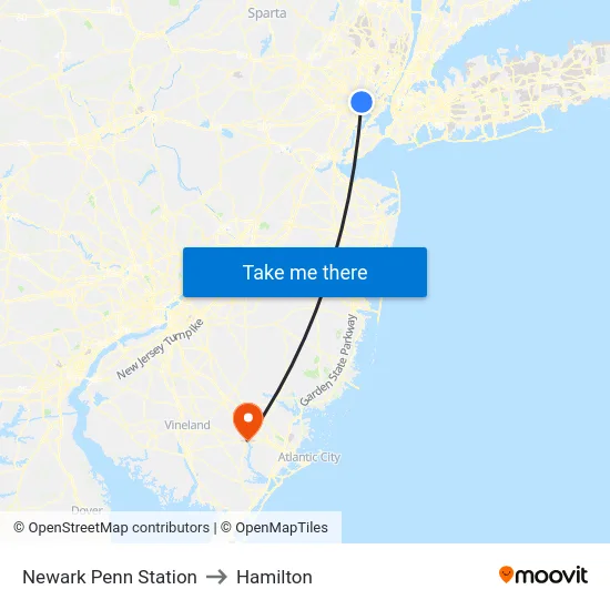 Newark Penn Station to Hamilton map