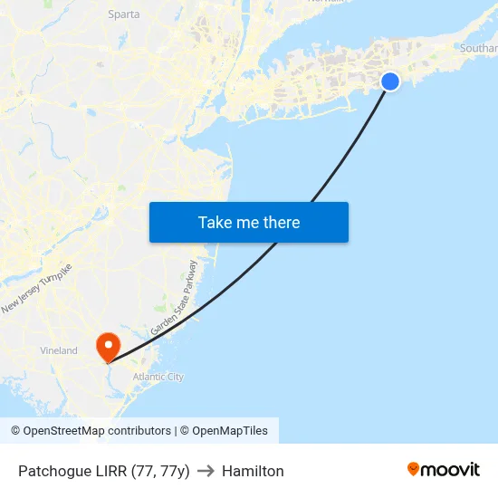 Patchogue LIRR (77, 77y) to Hamilton map