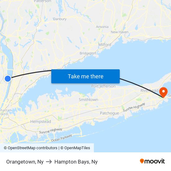 Orangetown, Ny to Hampton Bays, Ny map