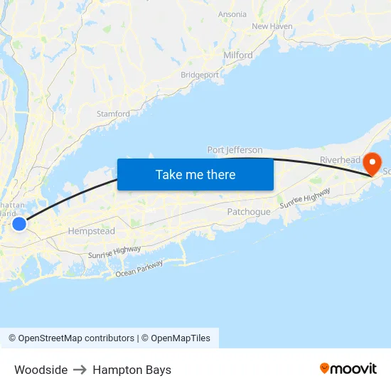 Woodside to Hampton Bays map