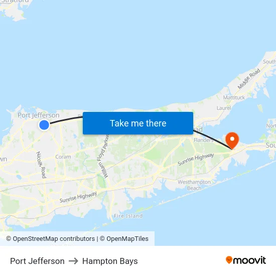 Port Jefferson to Hampton Bays map