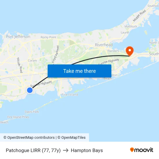 Patchogue LIRR (77, 77y) to Hampton Bays map