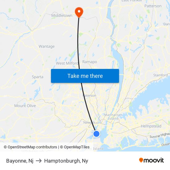Bayonne, Nj to Hamptonburgh, Ny map
