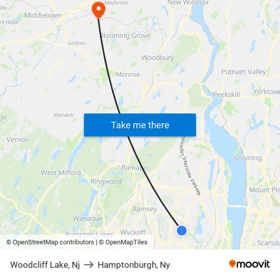 Woodcliff Lake, Nj to Hamptonburgh, Ny map