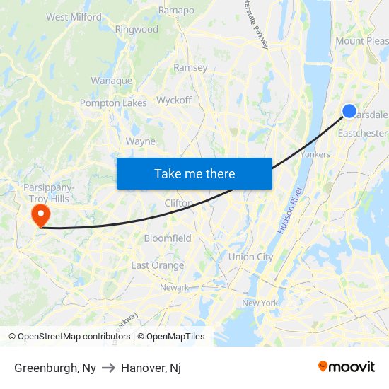 Greenburgh, Ny to Hanover, Nj map