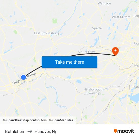 Bethlehem to Hanover, Nj map