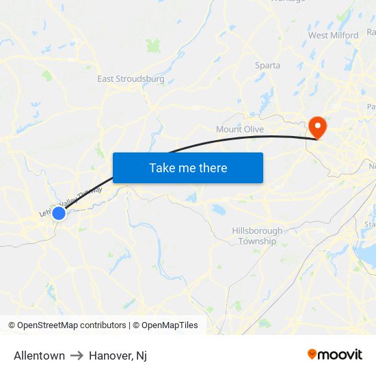 Allentown to Hanover, Nj map