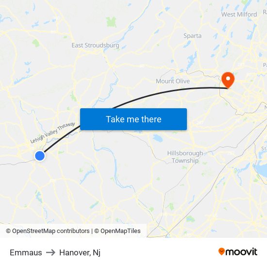 Emmaus to Hanover, Nj map