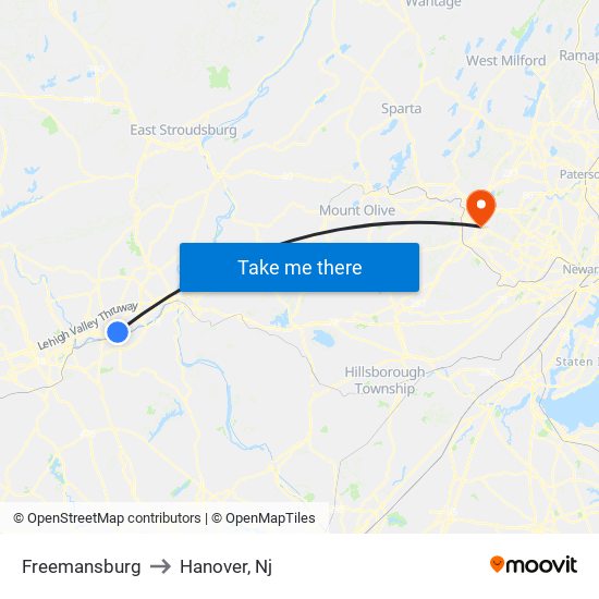 Freemansburg to Hanover, Nj map
