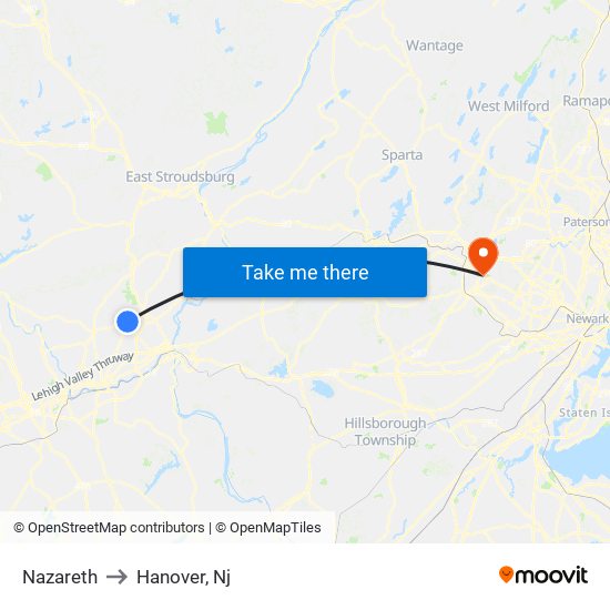 Nazareth to Hanover, Nj map