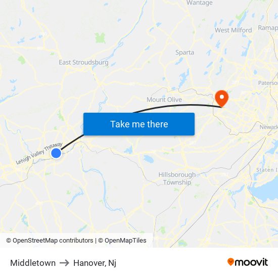 Middletown to Hanover, Nj map