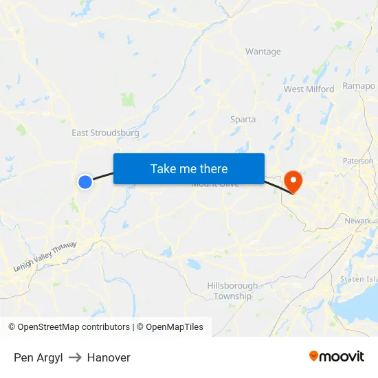 Pen Argyl to Hanover map