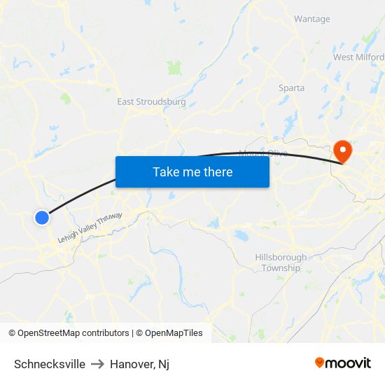 Schnecksville to Hanover, Nj map