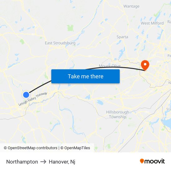 Northampton to Hanover, Nj map