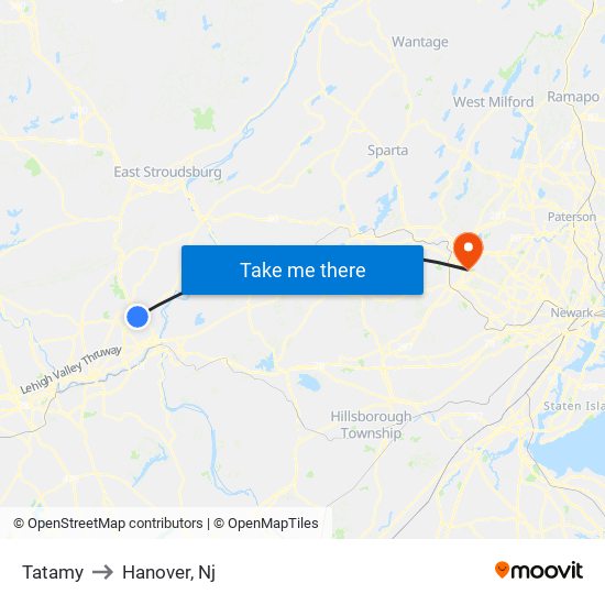 Tatamy to Hanover, Nj map