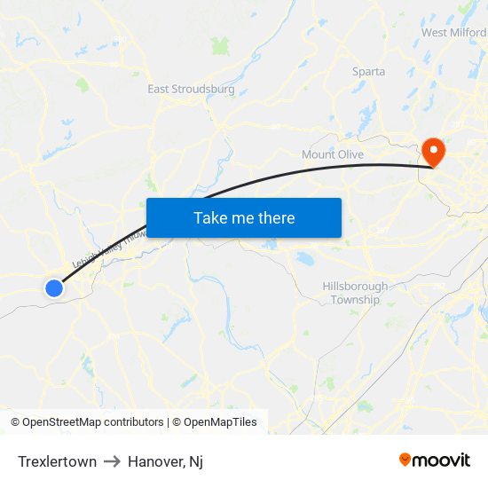 Trexlertown to Hanover, Nj map