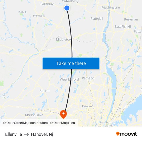 Ellenville to Hanover, Nj map
