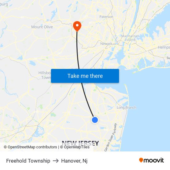 Freehold Township to Hanover, Nj map