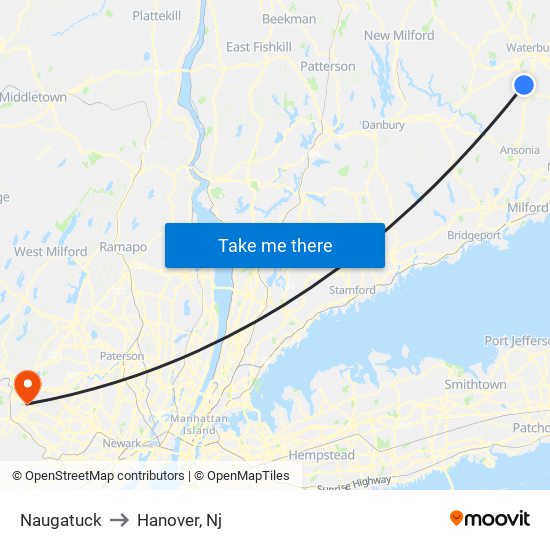 Naugatuck to Hanover, Nj map