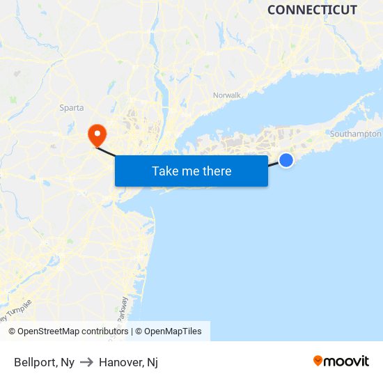 Bellport, Ny to Hanover, Nj map