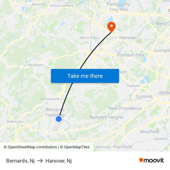 Bernards, Nj to Hanover, Nj map