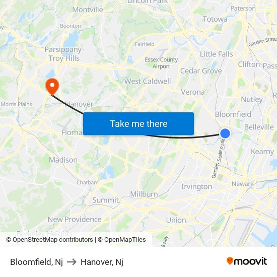 Bloomfield, Nj to Hanover, Nj map