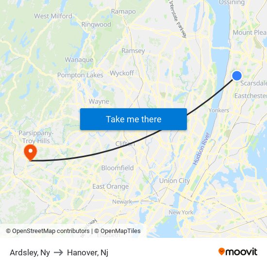 Ardsley, Ny to Hanover, Nj map