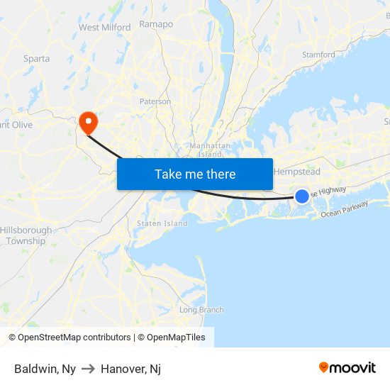 Baldwin, Ny to Hanover, Nj map