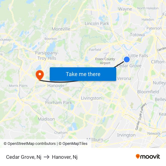 Cedar Grove, Nj to Hanover, Nj map