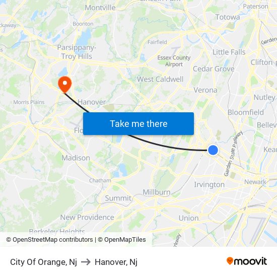 City Of Orange, Nj to Hanover, Nj map