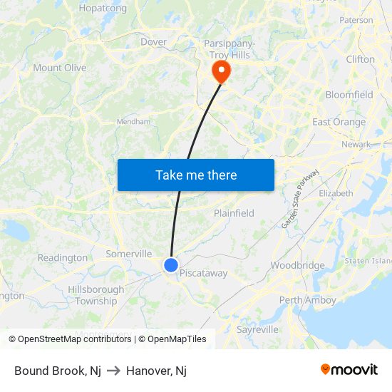 Bound Brook, Nj to Hanover, Nj map