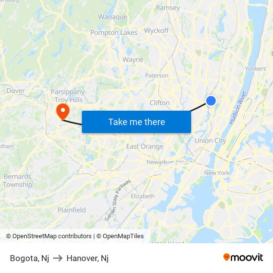 Bogota, Nj to Hanover, Nj map