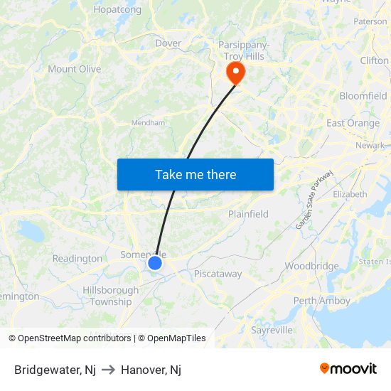 Bridgewater, Nj to Hanover, Nj map