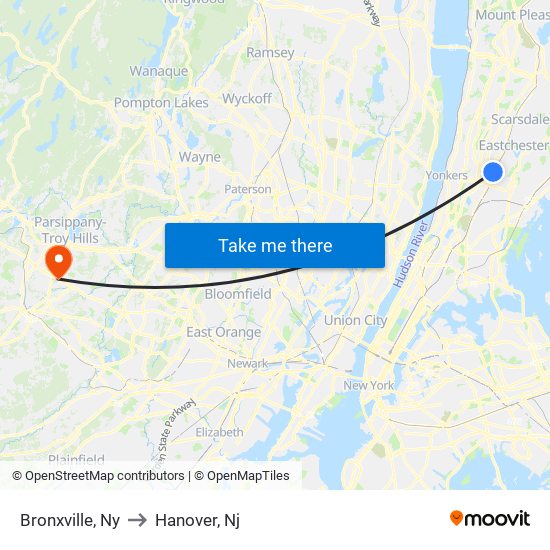 Bronxville, Ny to Hanover, Nj map