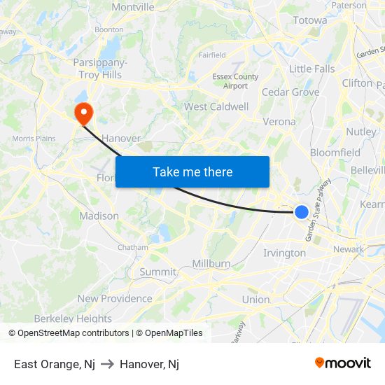 East Orange, Nj to Hanover, Nj map