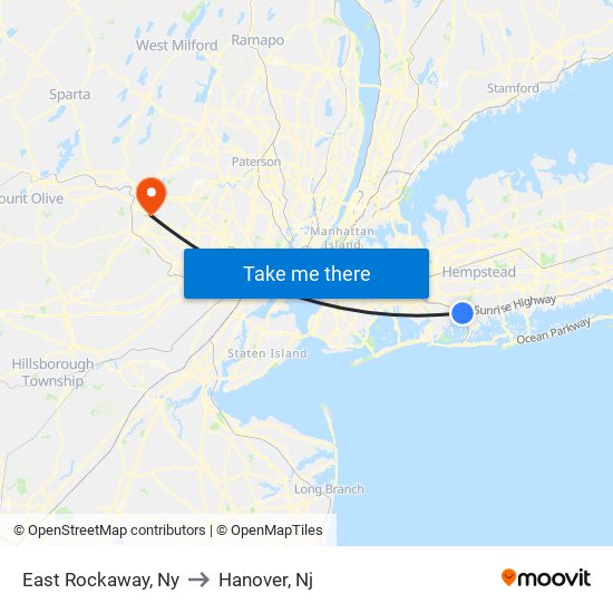 East Rockaway, Ny to Hanover, Nj map
