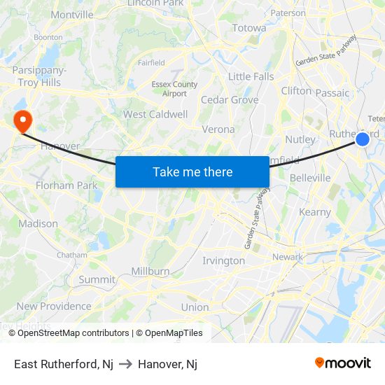 East Rutherford, Nj to Hanover, Nj map