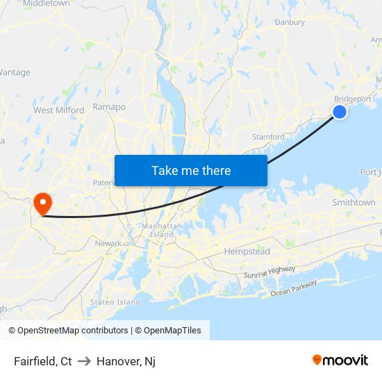 Fairfield, Ct to Hanover, Nj map