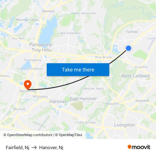 Fairfield, Nj to Hanover, Nj map