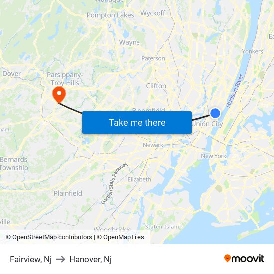 Fairview, Nj to Hanover, Nj map