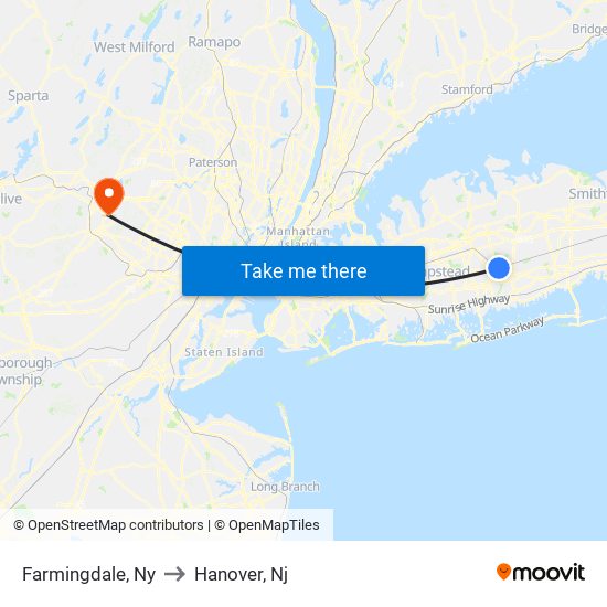Farmingdale, Ny to Hanover, Nj map