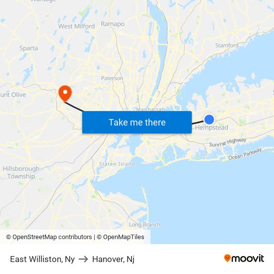 East Williston, Ny to Hanover, Nj map