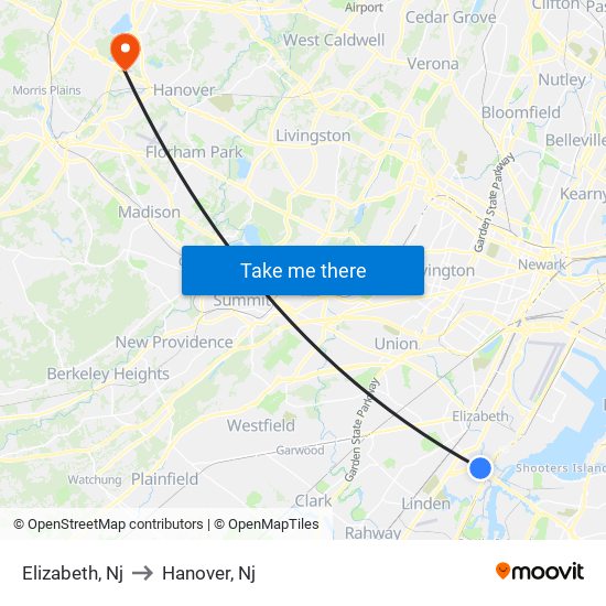 Elizabeth, Nj to Hanover, Nj map