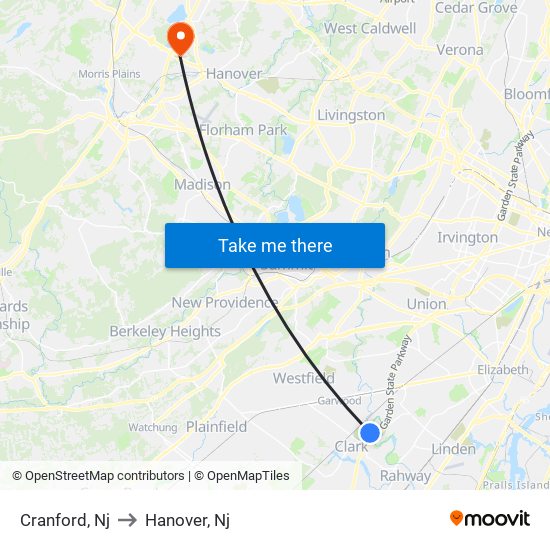Cranford, Nj to Hanover, Nj map