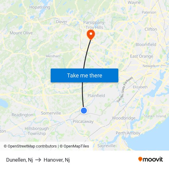 Dunellen, Nj to Hanover, Nj map